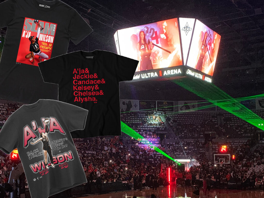 Photo of Michelob ULTRA Arena overlayed with three A'ja Wilson shirts.