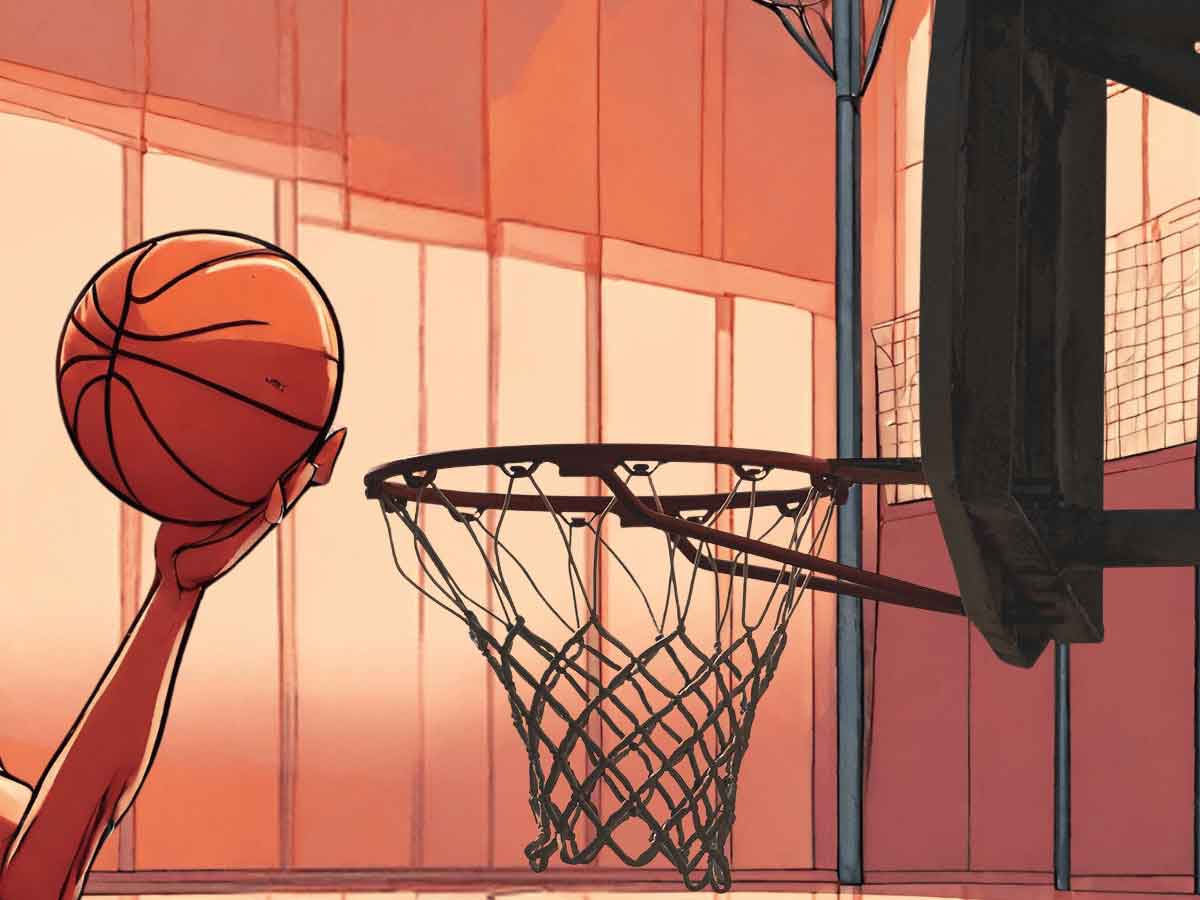 Athlete reaches up to rebound a basketball near the rim