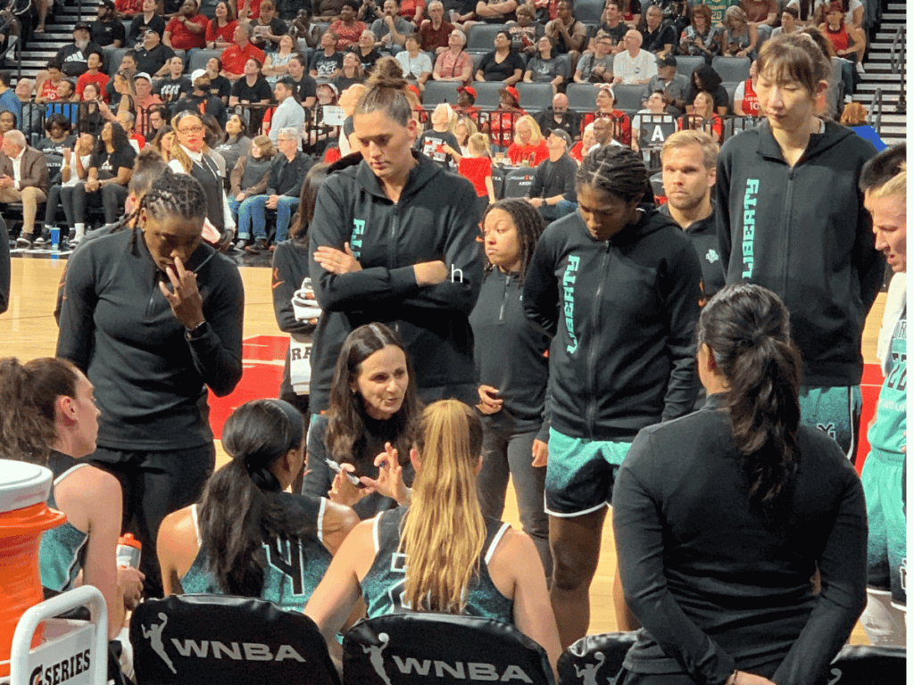 The New York Liberty huddle at the bench during a break in between quarters.