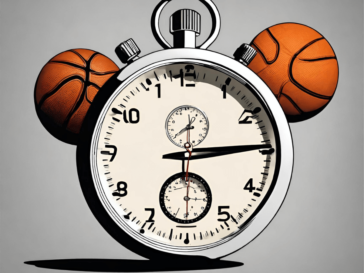 A stopwatch between two basketballs to represent the topic how long is a basketball game.