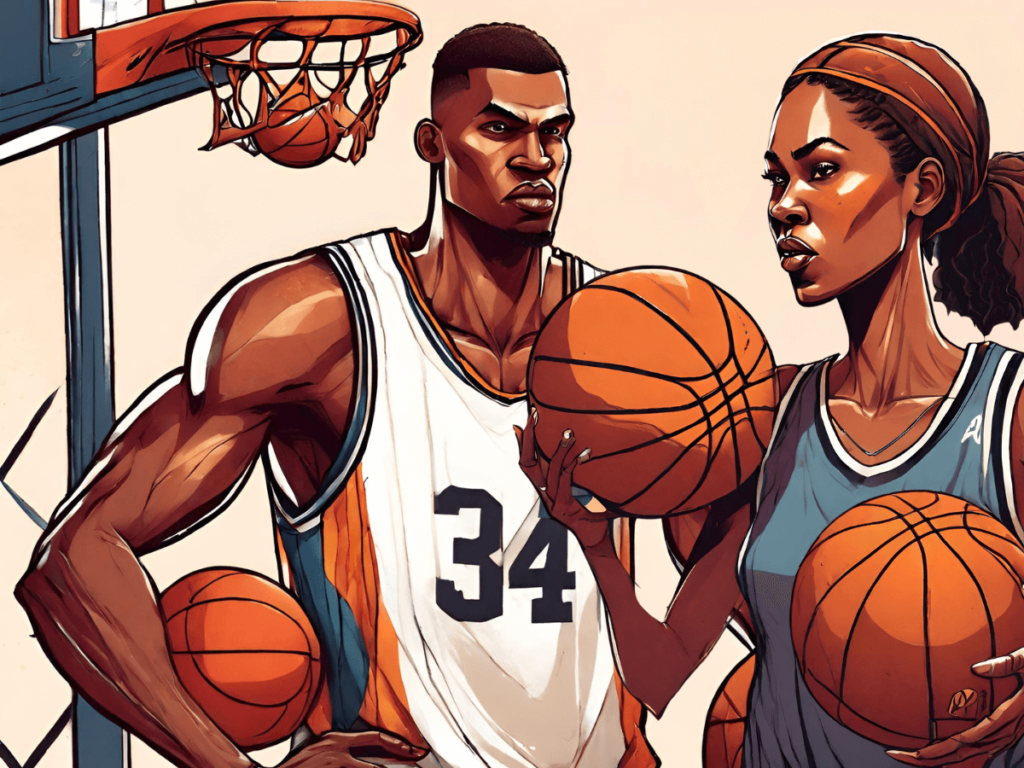 An illustration of male and female basketball players holding basketballs