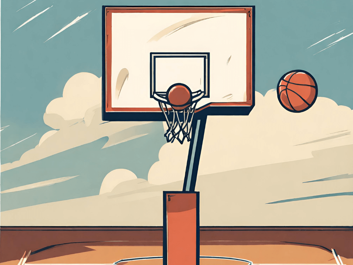 A basketball bounces off a rim for a rebound opportunity