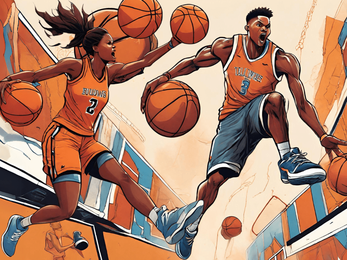 An illustration of male and female basketball players mid-jump while holding basketballs