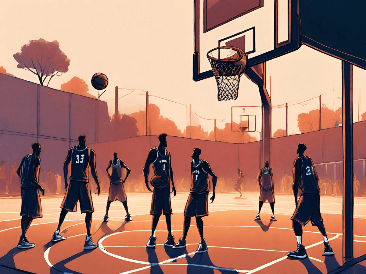 An illustration of silhouetted basketball players of all different heights.