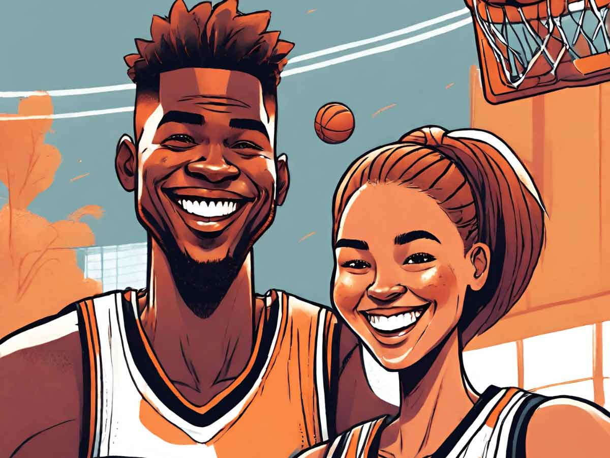 Illustration of two smiling male and female basketball players standing together.