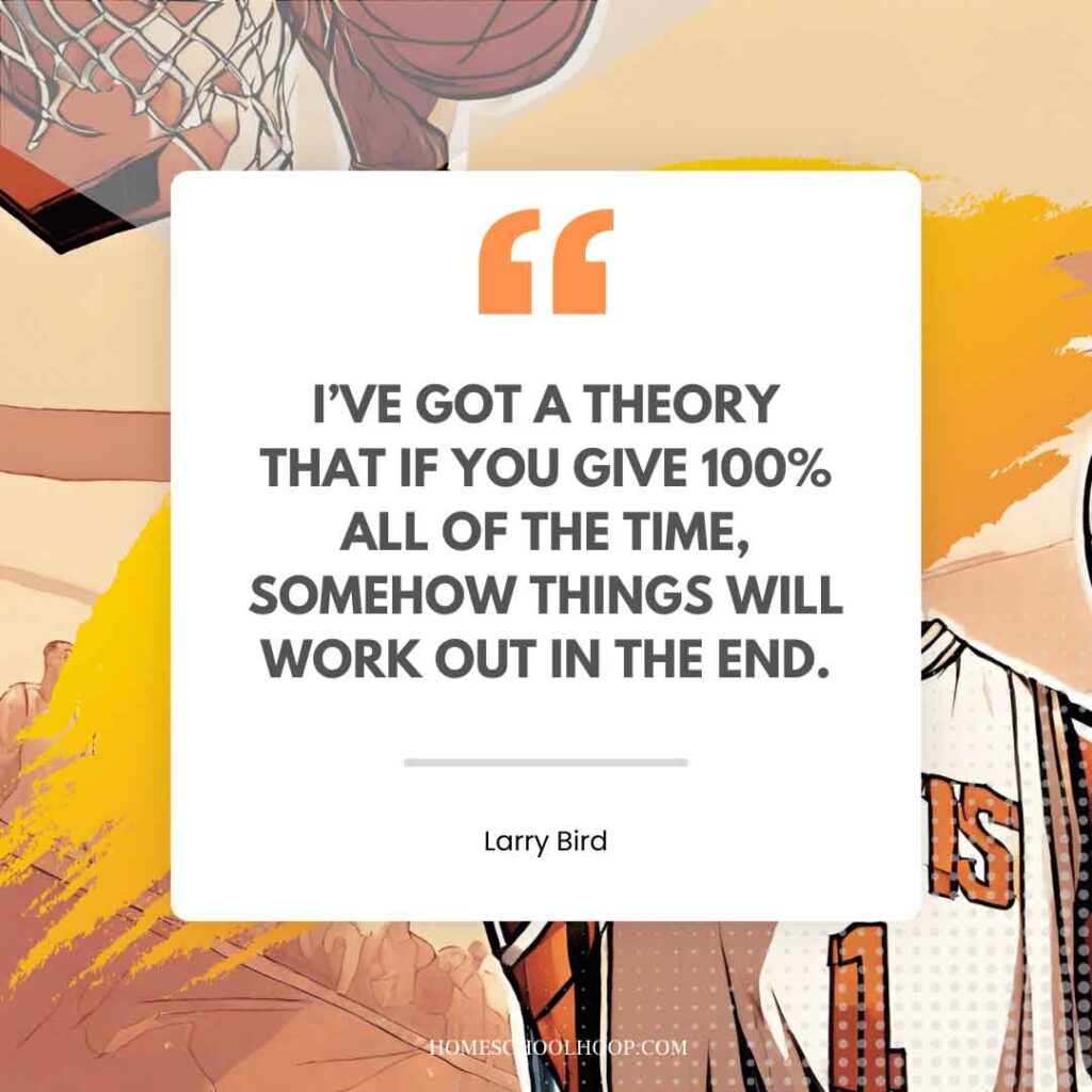 A basketball quote graphic that reads: "I've got a theory that if you give 100% all of the time, somehow things will work out in the end. - Larry Bird"