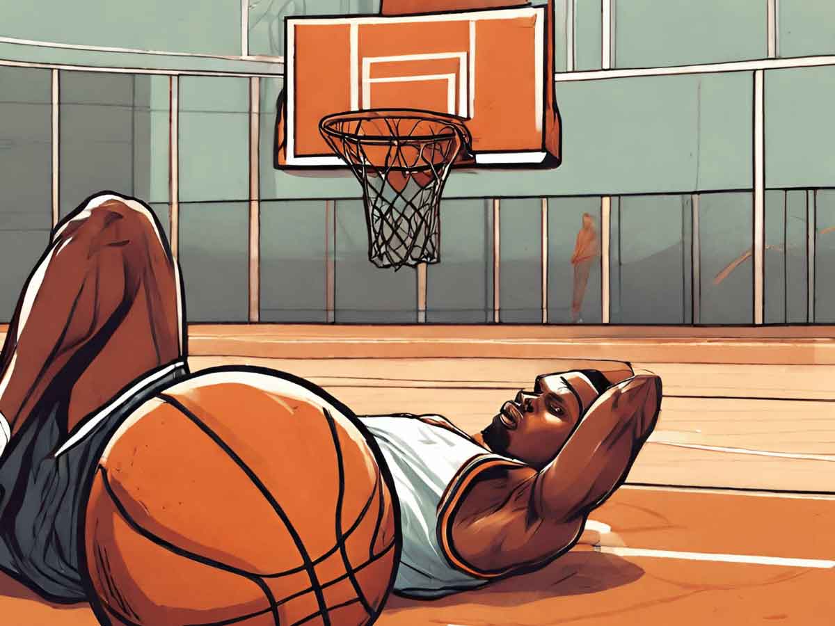 An illustration of an NBA player on their back after flopping.