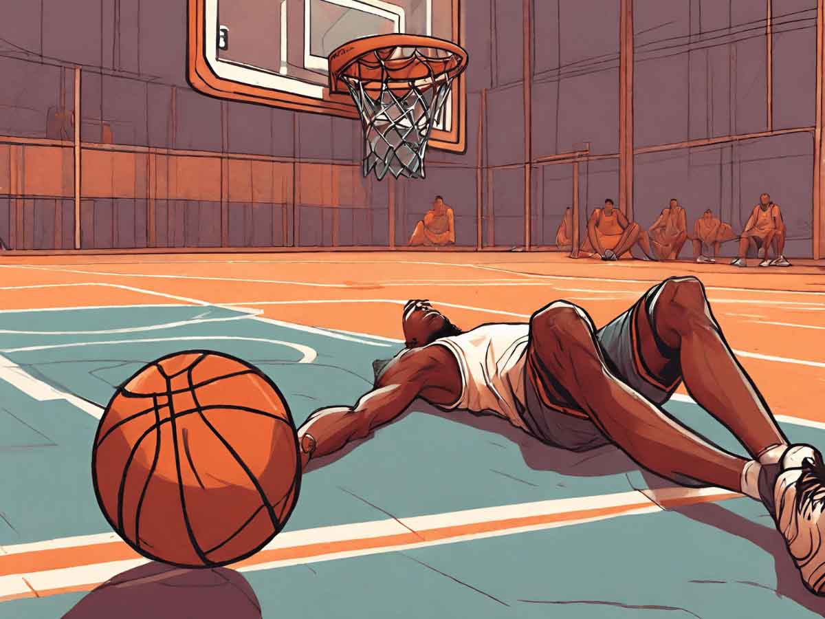 An illustration of a basketball player lying on his back after flopping.