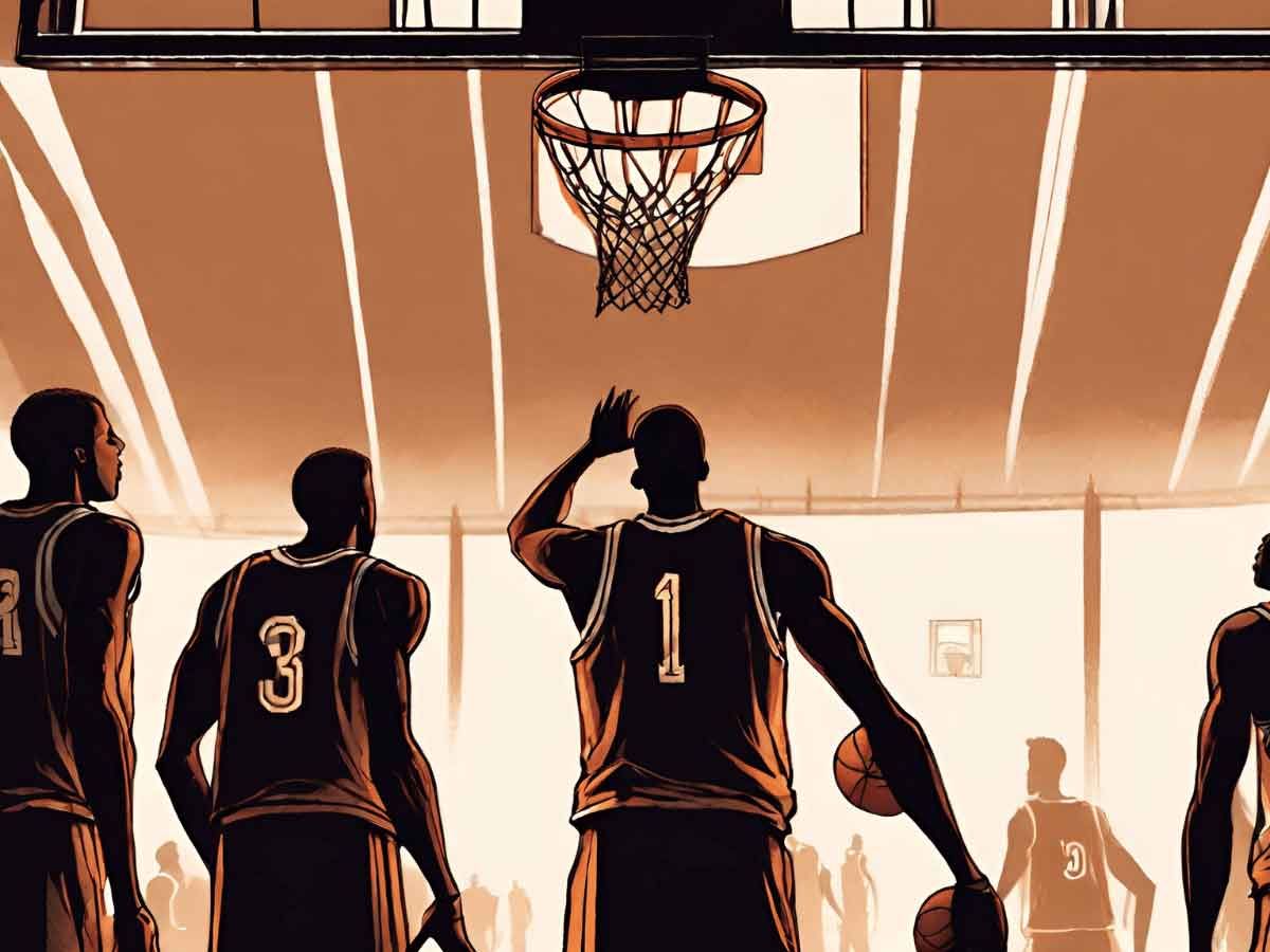 An illustration of NBA Players looking up at the game clock.