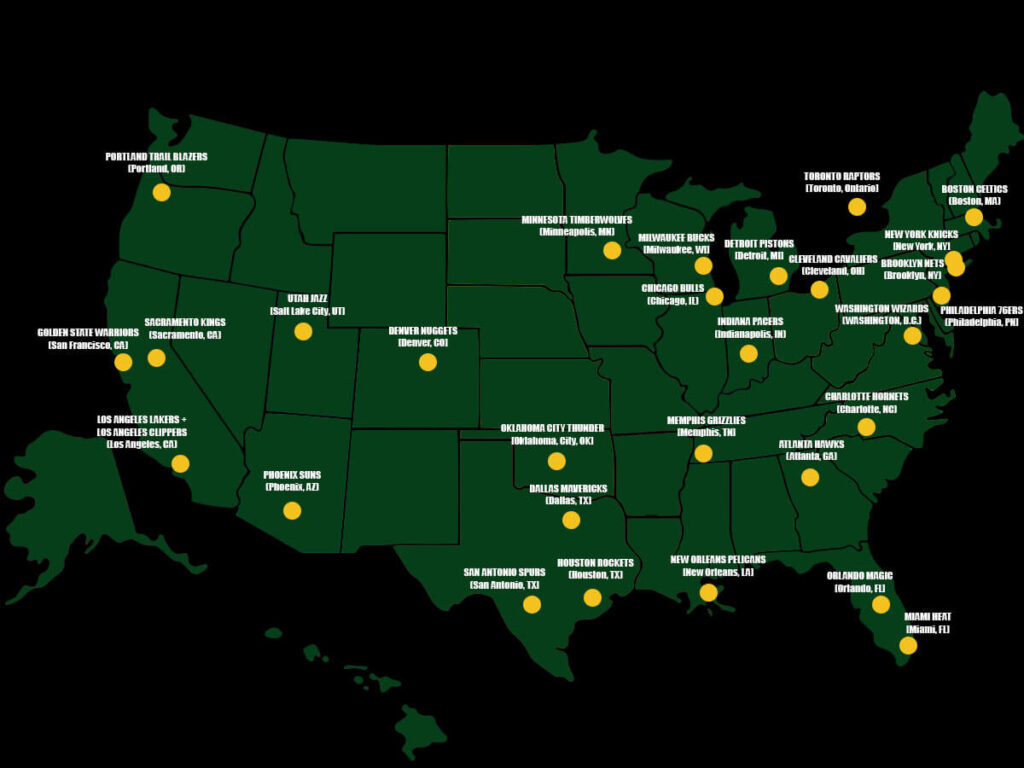 A map showing the location of all 30 NBA teams.