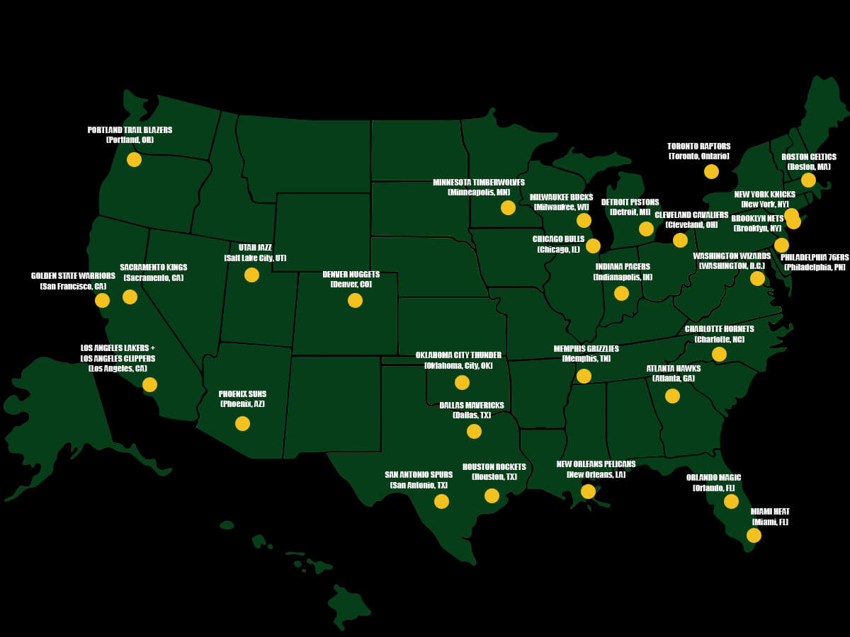 A map showing the location of all 30 NBA teams.
