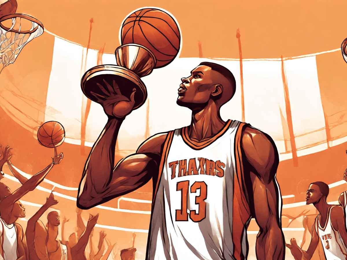 An illustration of an NBA player holding up a championship trophy.