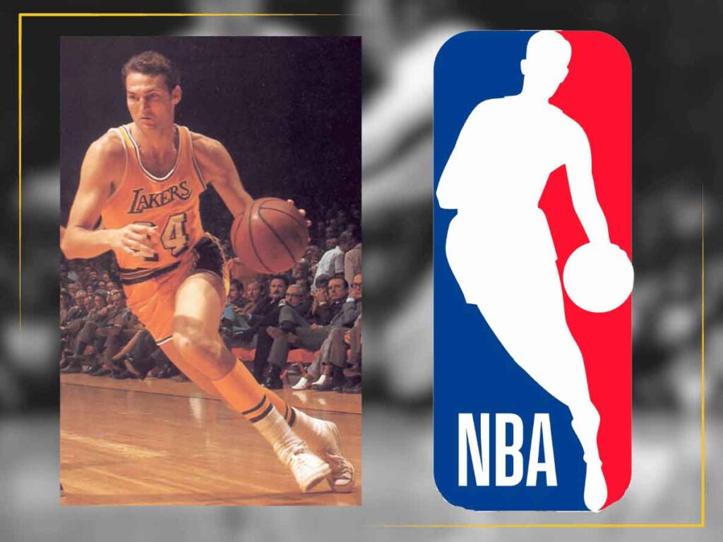 A graphic showing the NBA logo and the photo of Jerry West the logo is based on.