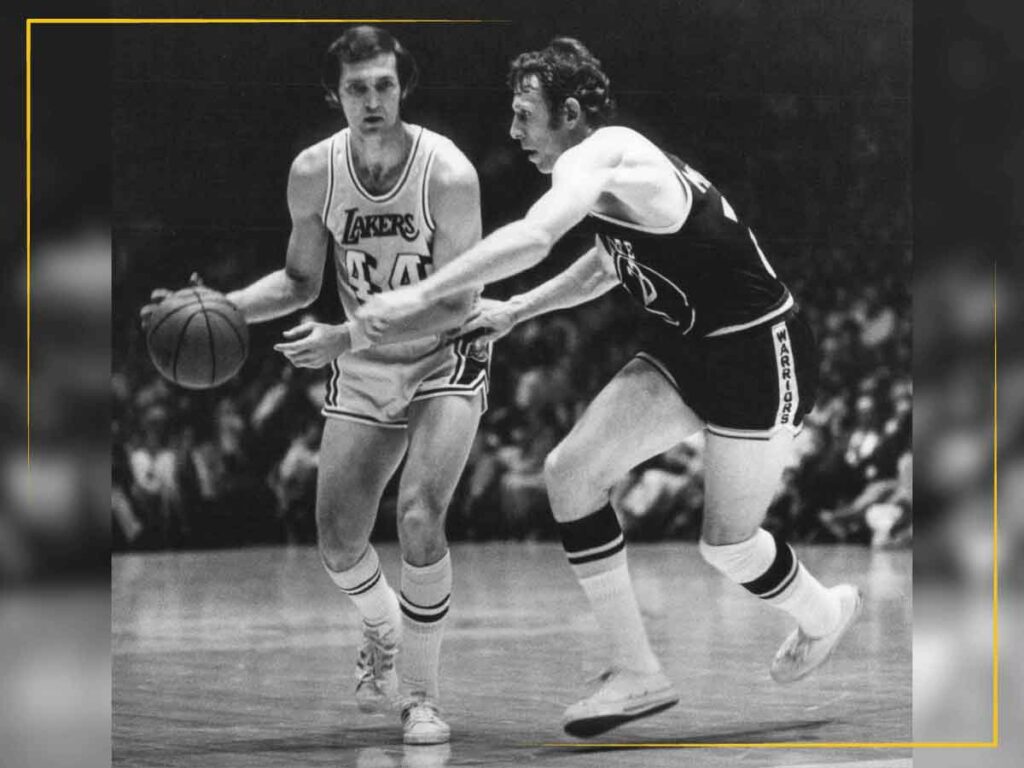A photo of Jerry West playing on the Los Angeles Lakers.