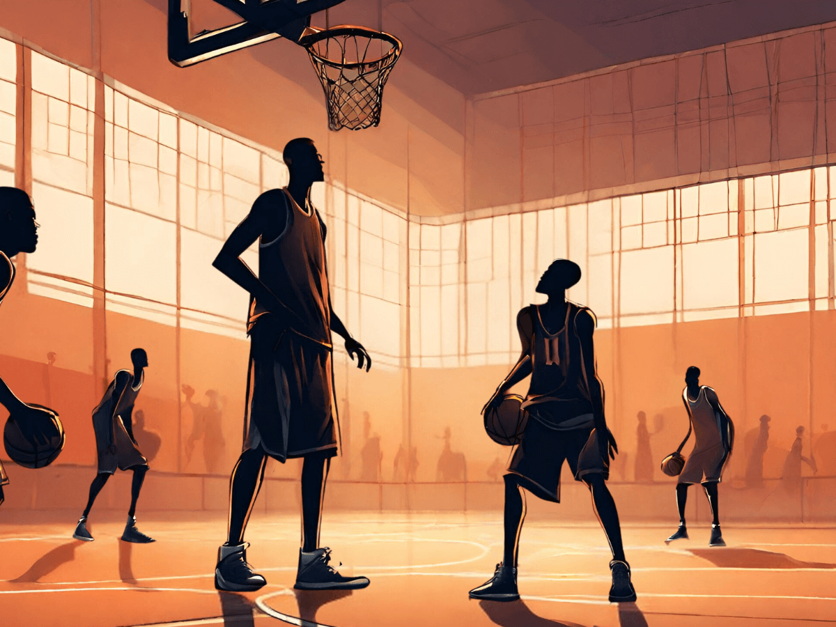 Silhouette of a short and tall basketball player standing under the hoop.