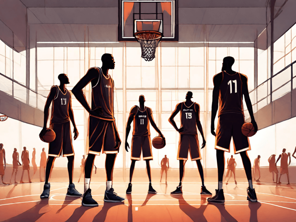 An illustration of very tall silhouetted basketball players.