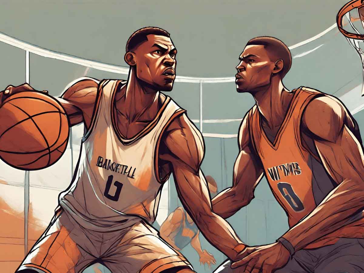 Illustration of basketball players going on-on-one prior to the defender taking a charge.