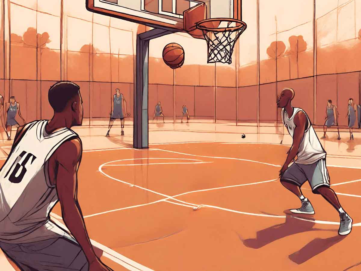 An illustration of two players in a basketball court setting, one passing the ball and the other preparing the score.