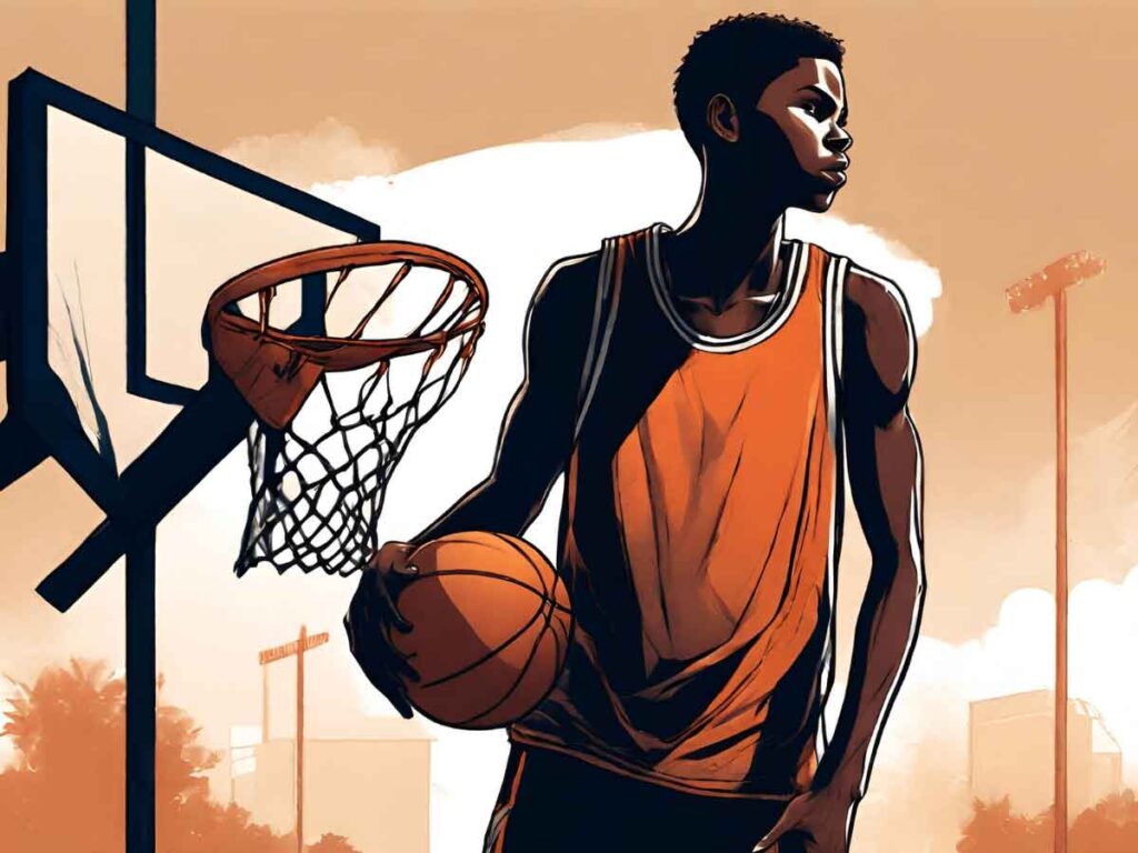 The silhouette of a young basketball player on an outdoor court.