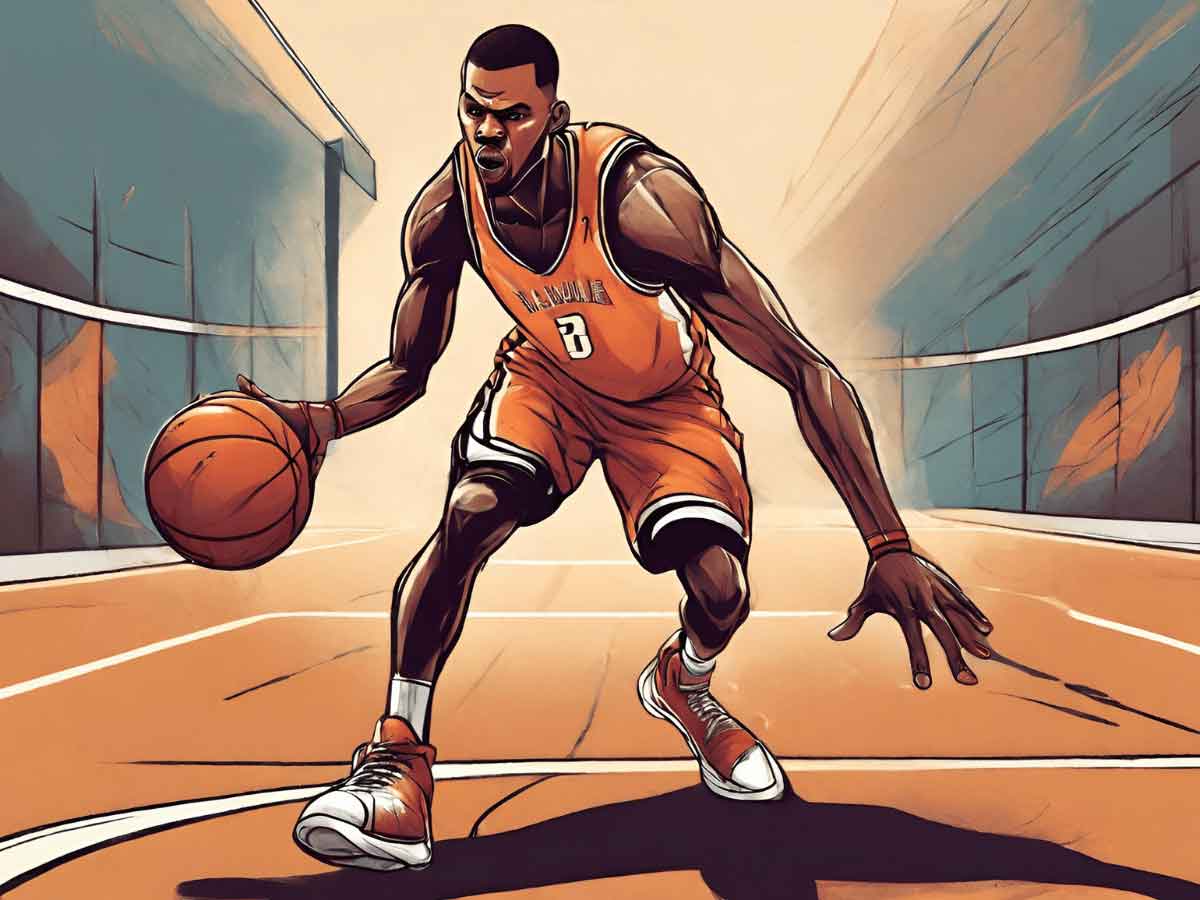 An illustration of a basketball player cherry picking in a game.