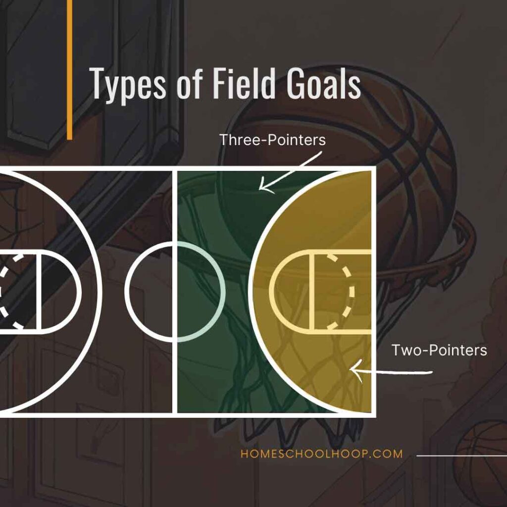 A graphic showing the types of field goals in basketball - two pointers and three pointers.