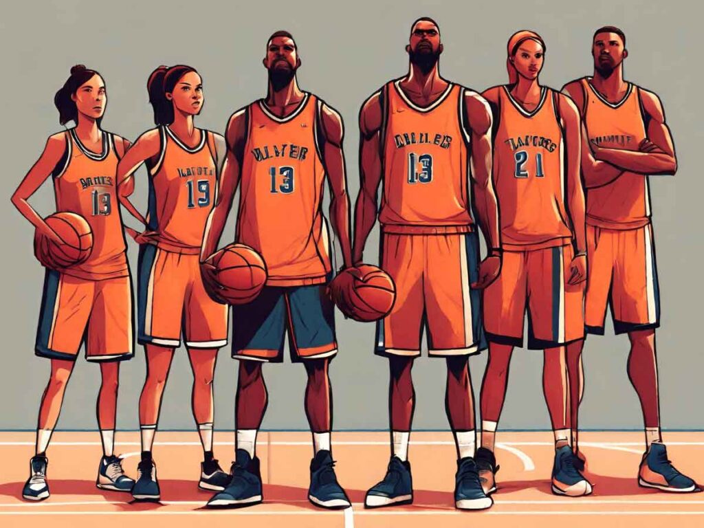 An illustration of men and women basketball team players.