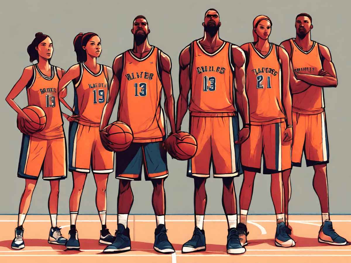 An illustration of men and women basketball team players.