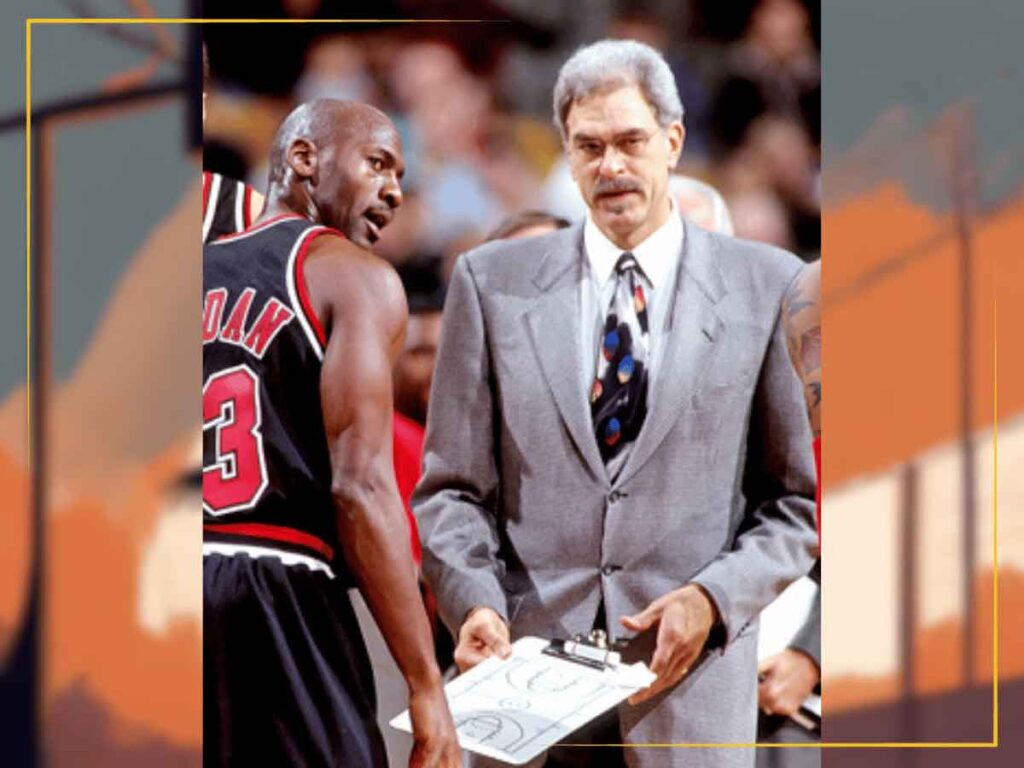 A photo of coach Phil Jackson and basketball player Michael Jordan, the all-time NBA leader in PPG.