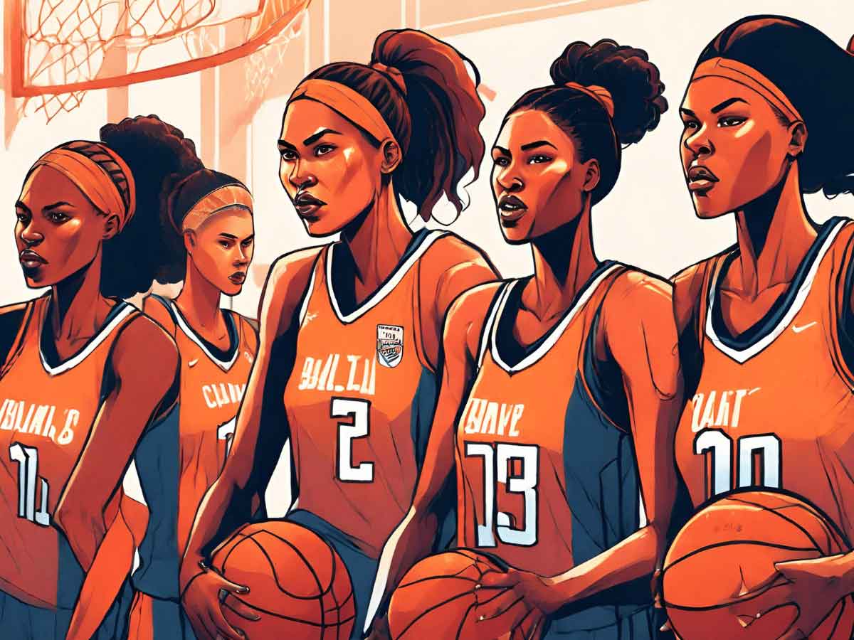 An illustration of women basketball players preparing for a basketball scrimmage.