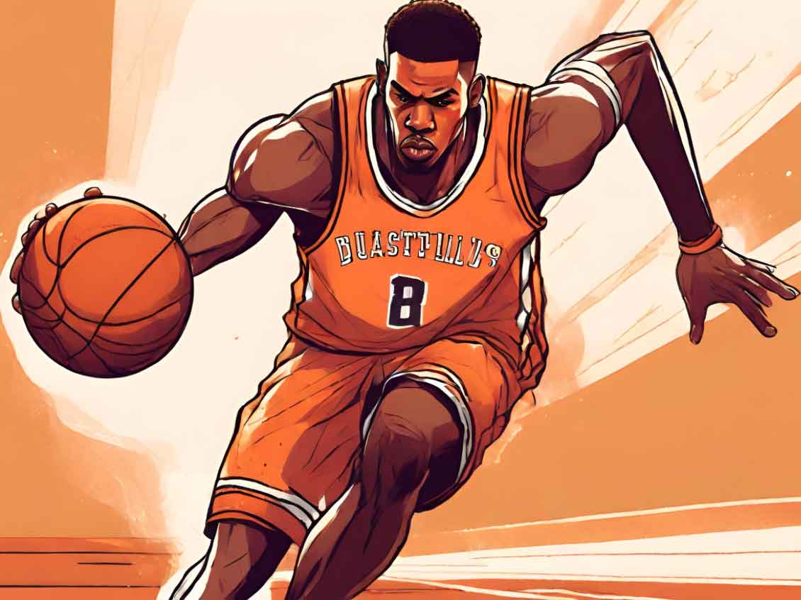 An illustration of a basketball player dribbling the basketball.