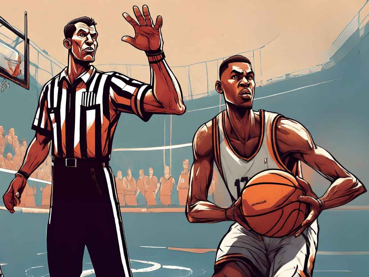 An illustration of a basketball player holding the ball as a referee signals for a 5 second violation.