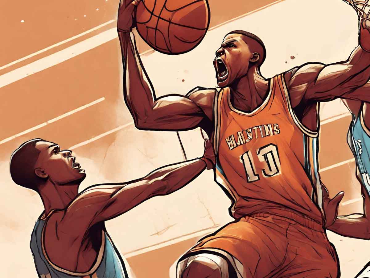 An illustration of a basketball player committing a flagrant foul on another player.