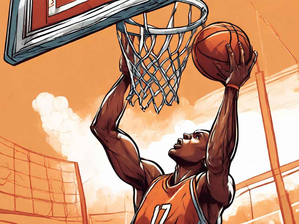 An illustration of goaltending in basketball, as a player comes down from blocking the ball illegally.