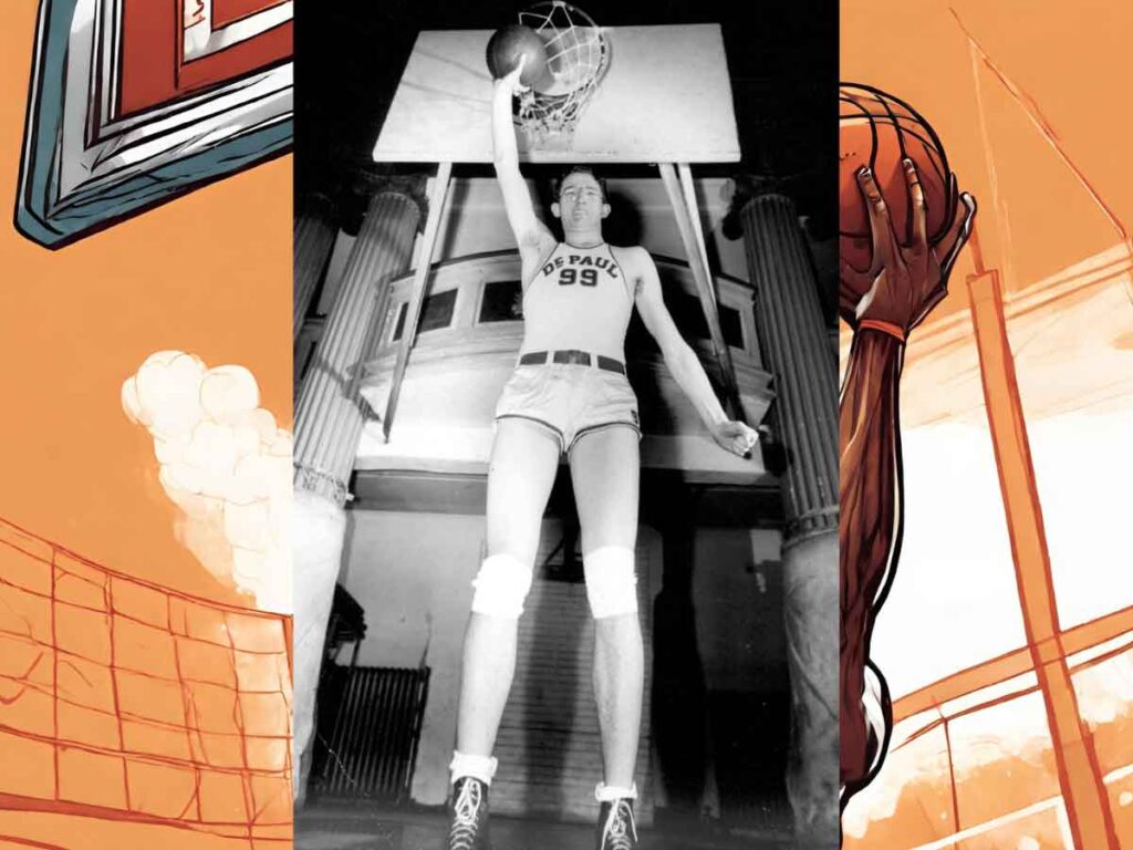 A photograph of George Mikan, showing how tall his reach is and how he could goaltend in basketball.