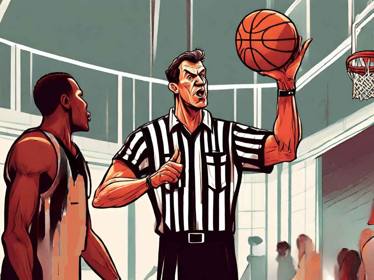 An illustration of a referee calling an illegal screen in basketball.