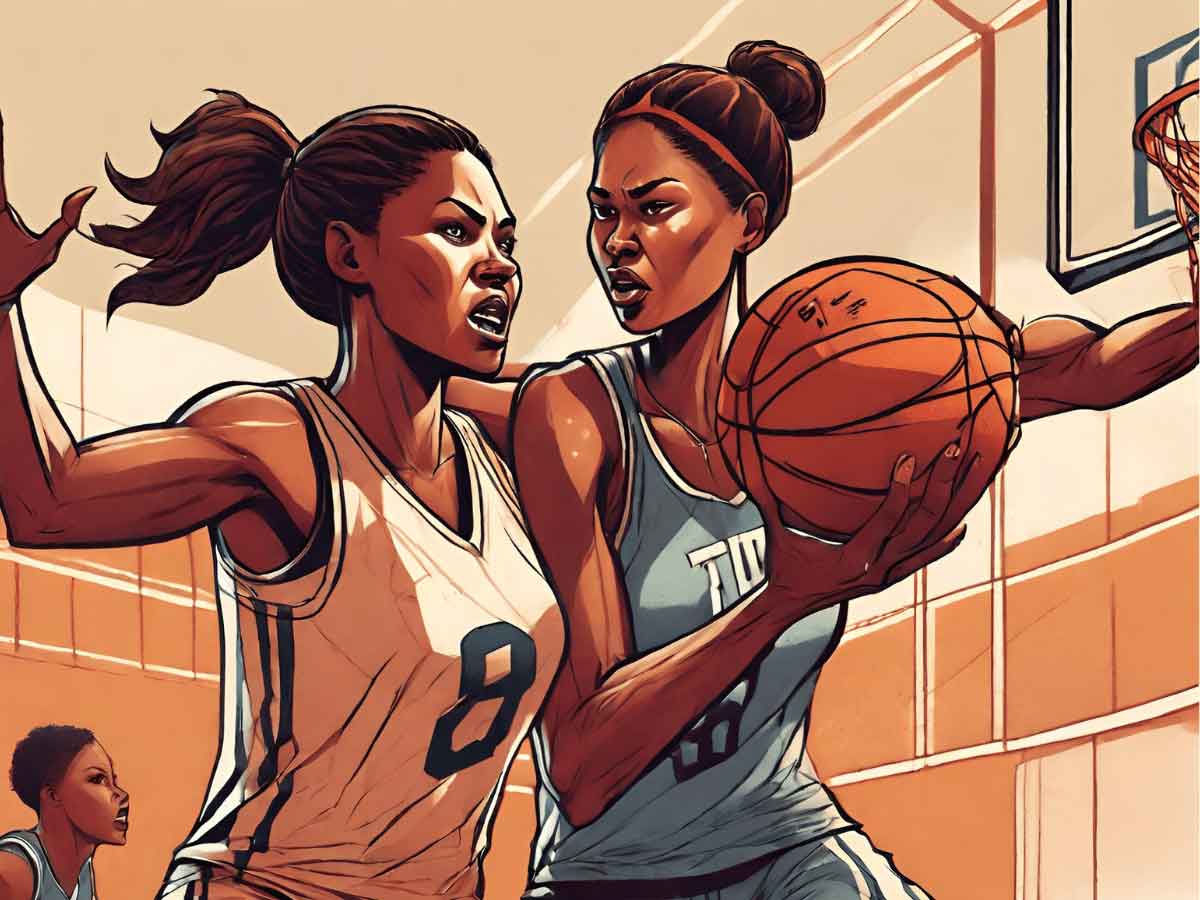 An illustration of a woman basketball player intentionally fouling an opponent.