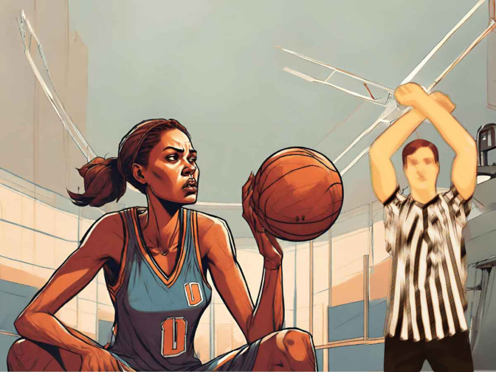 An illustration of a basketball referee signaling an intentional foul against a woman's basketball player.