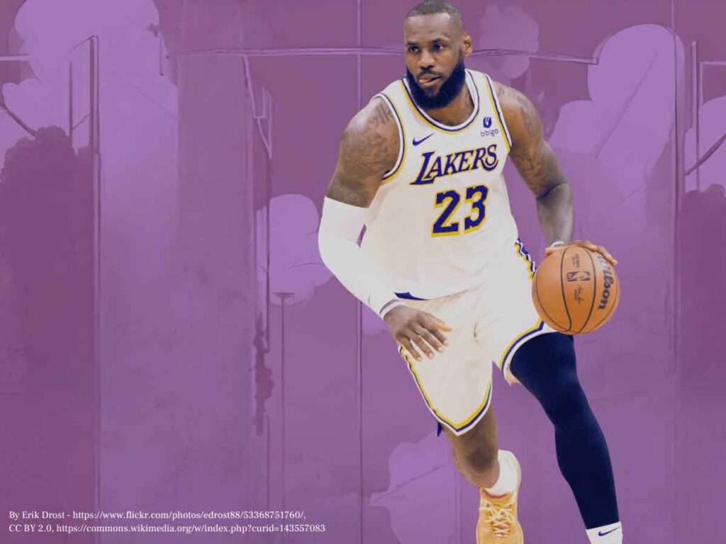 Photo of LeBron James over purple background.