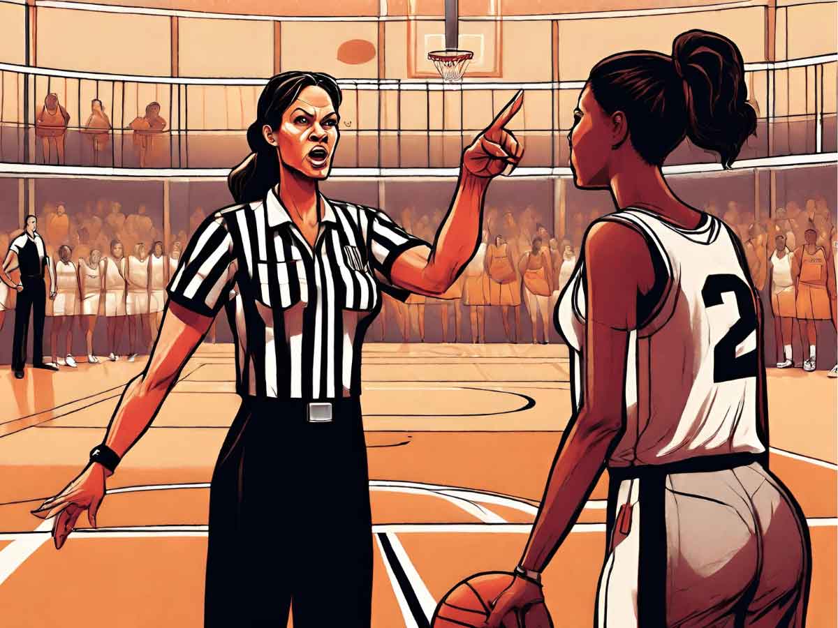 An illustration or a referee calling a moving screen on a basketball player.