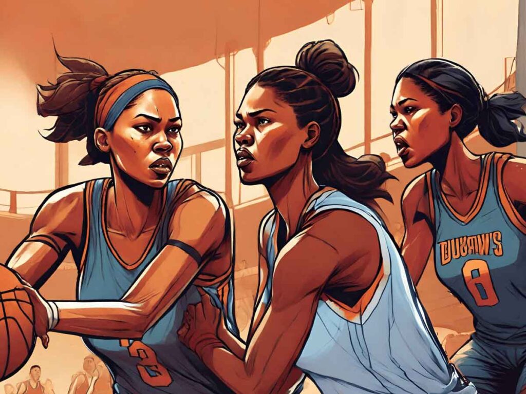 An illustration of women basketball players executing a pick and roll.