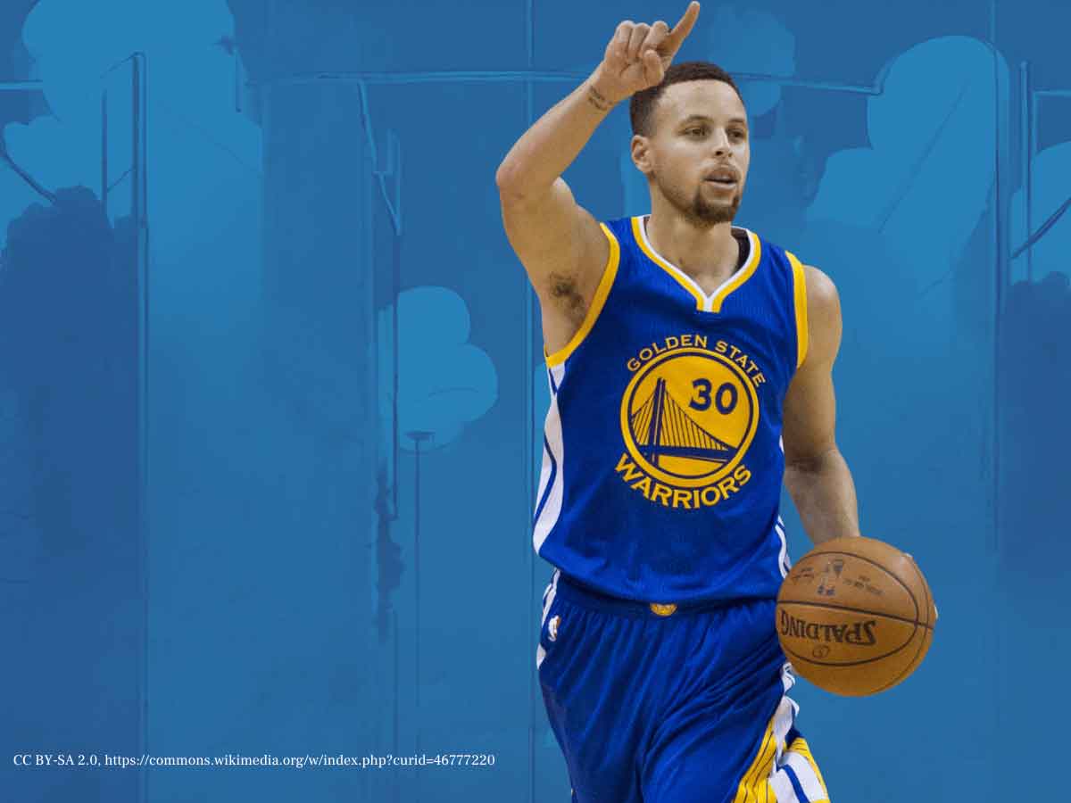 Photo of Stephen Curry over bluebackground.