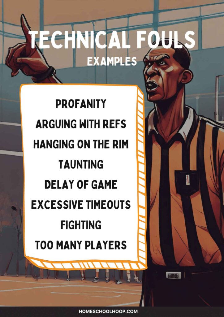 An infographic with examples of technical fouls in basketball.
