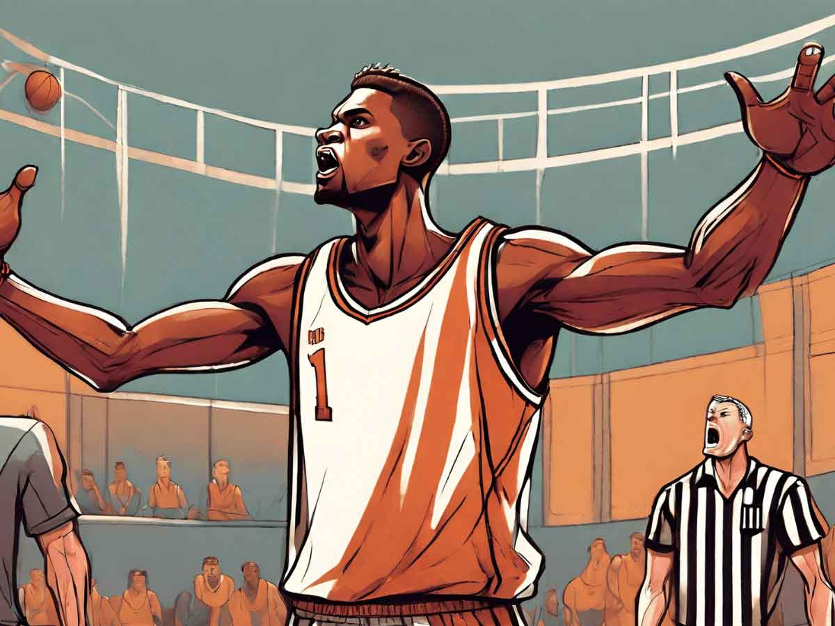 An illustration of a basketball player reacting to a technical foul being called.