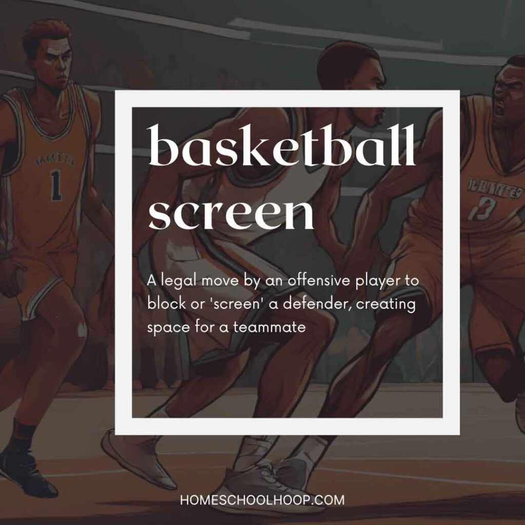 A definition of basketball screen. Reads: A legal move by an offensive player to block or 'screen' a defender, creating space for a teammate"