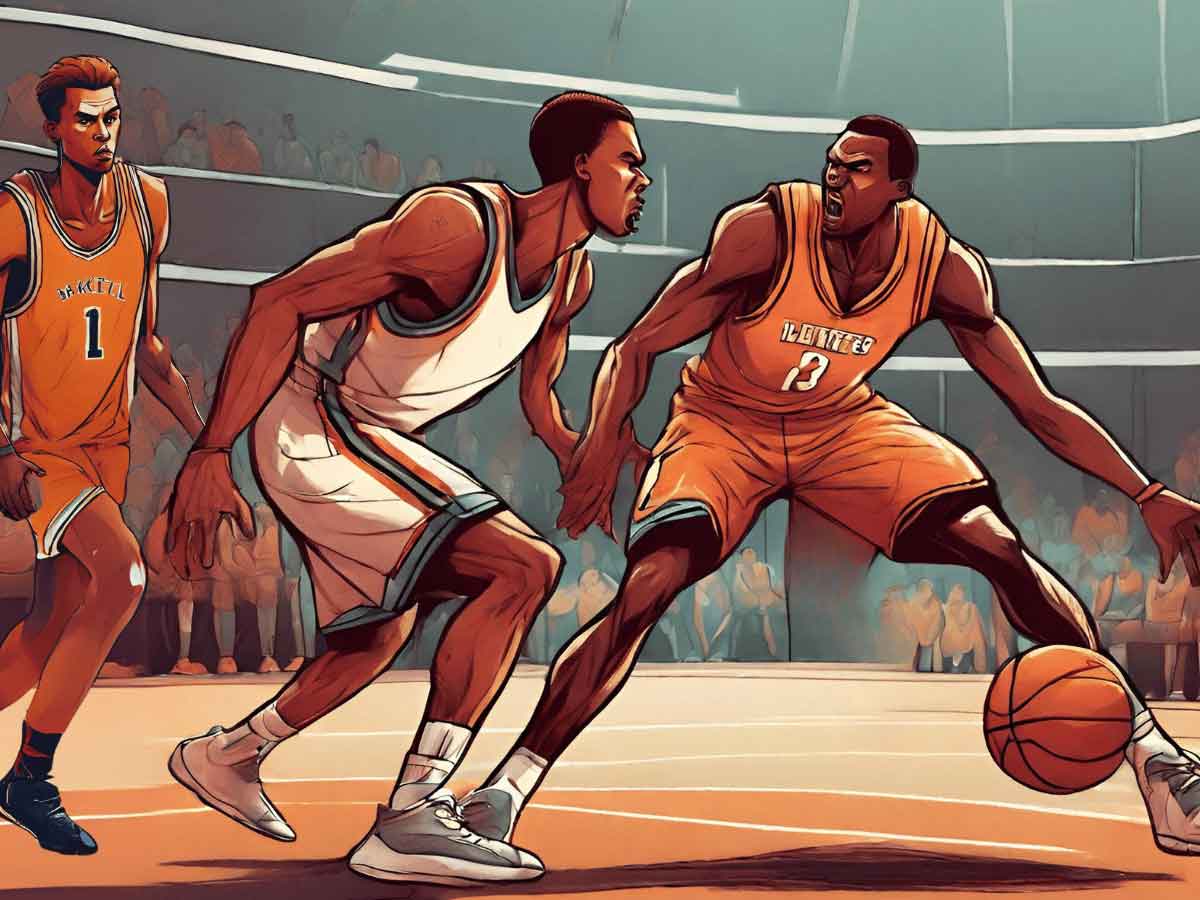 An illustration showing three basketball players in action, where one is setting a screen for his teammate with the ball.