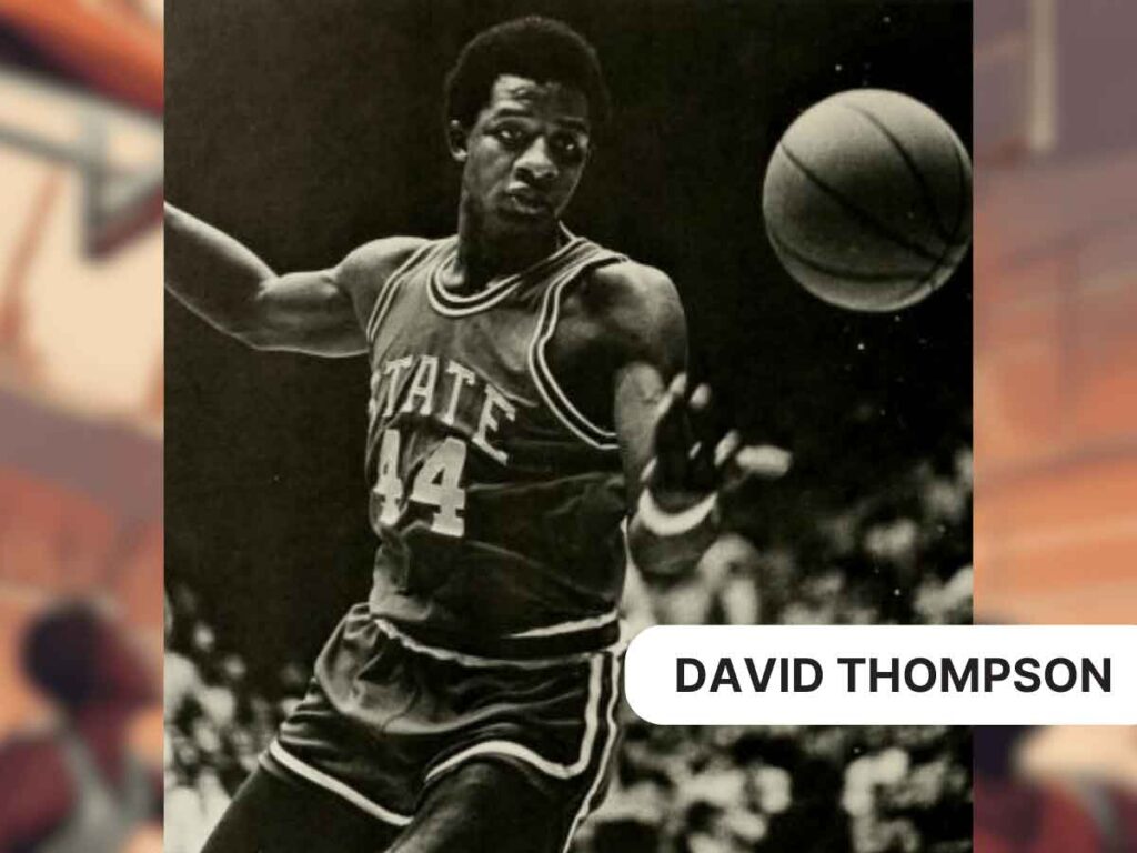 Photo of David Thompson, credited with popularizing the alleyoop in basketball, while at North Carolina State.