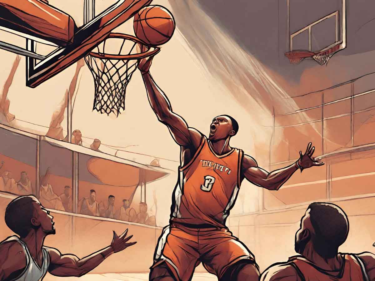 An illustration of a basketball player executing an alleyoop.