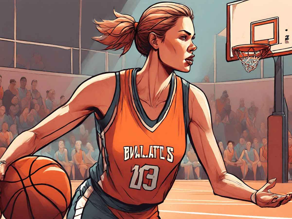 An illustration of a woman basketball player getting called for a backcourt violation.