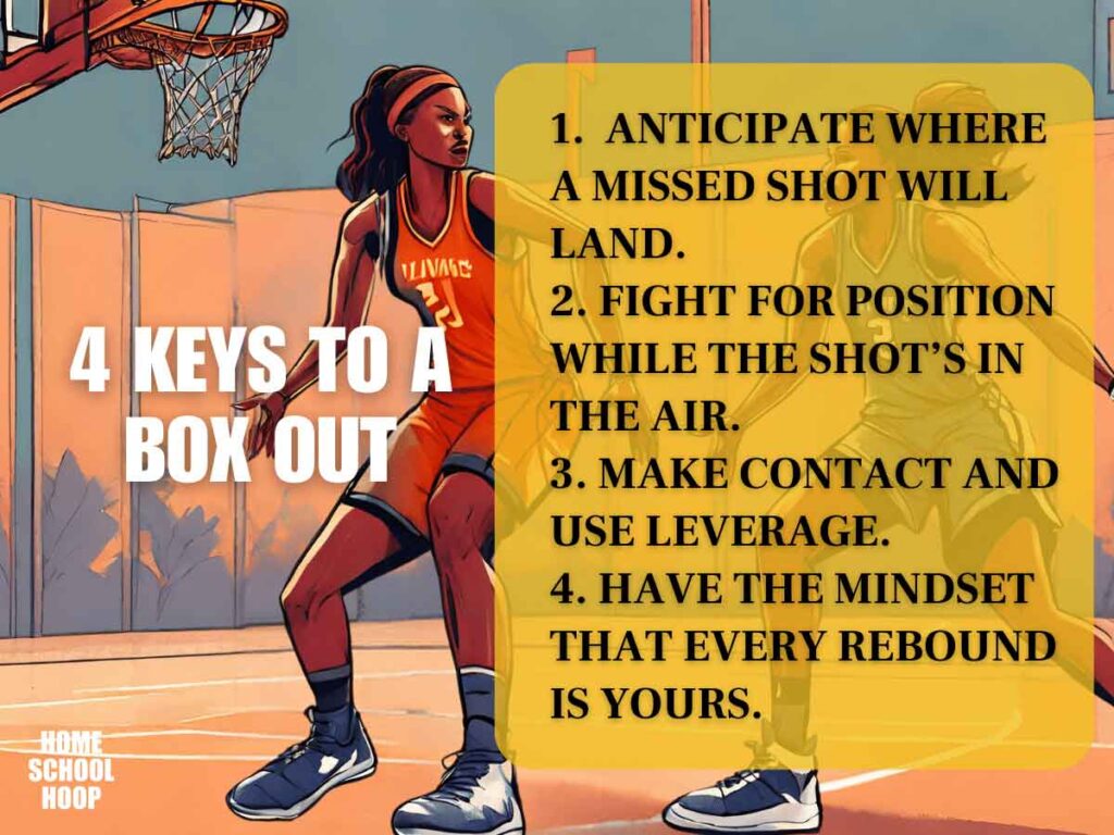 A graphic that breaks down the four keys to a box out in basketball. Reads: "1. Anticipate where a missed shot will land. 2. Fight for position while the shot's in the air. 3. Make contact and use leverage. 4. Have the mindset that every rebound is yours."