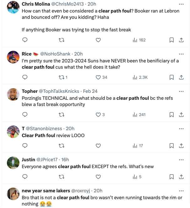 A screen shot of Twitter showing fans talking about the clear path foul.